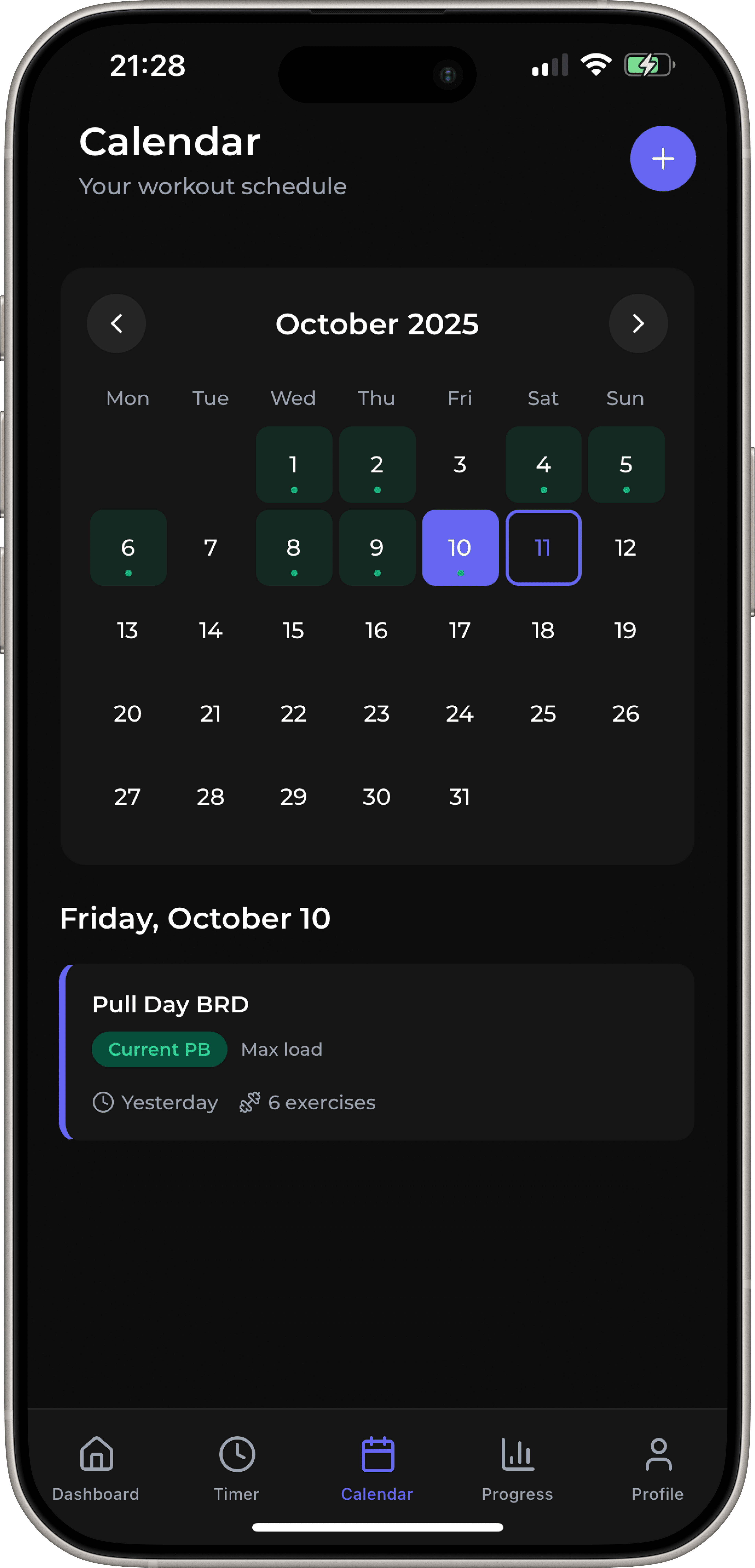 Calendar view highlighting workout schedule